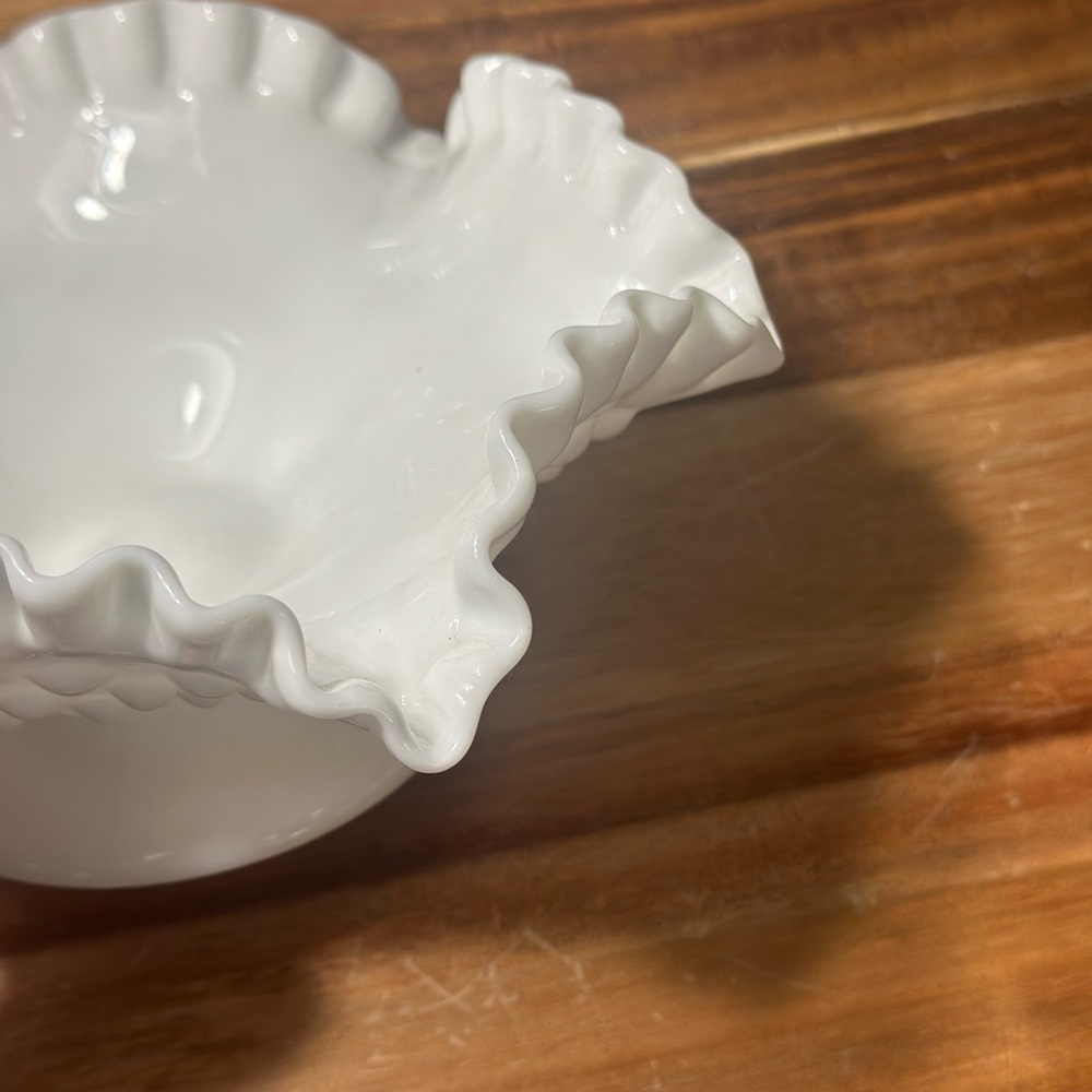 White Ruffled Milk Glass Compote Pedestal Bowl - Picture 9 of 9